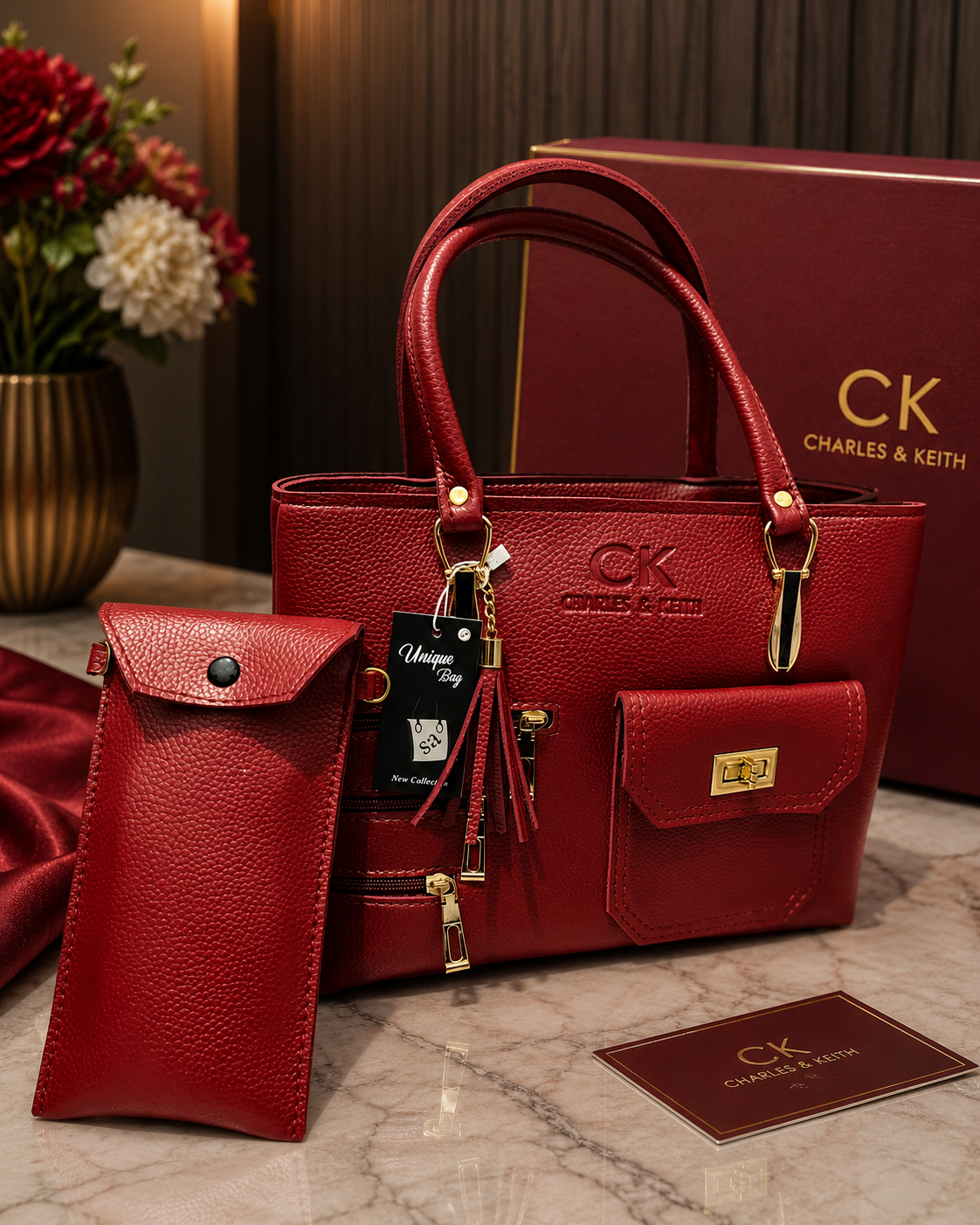 LUXURY BROWN LEATHER HANDBAG SET FOR WOMEN
