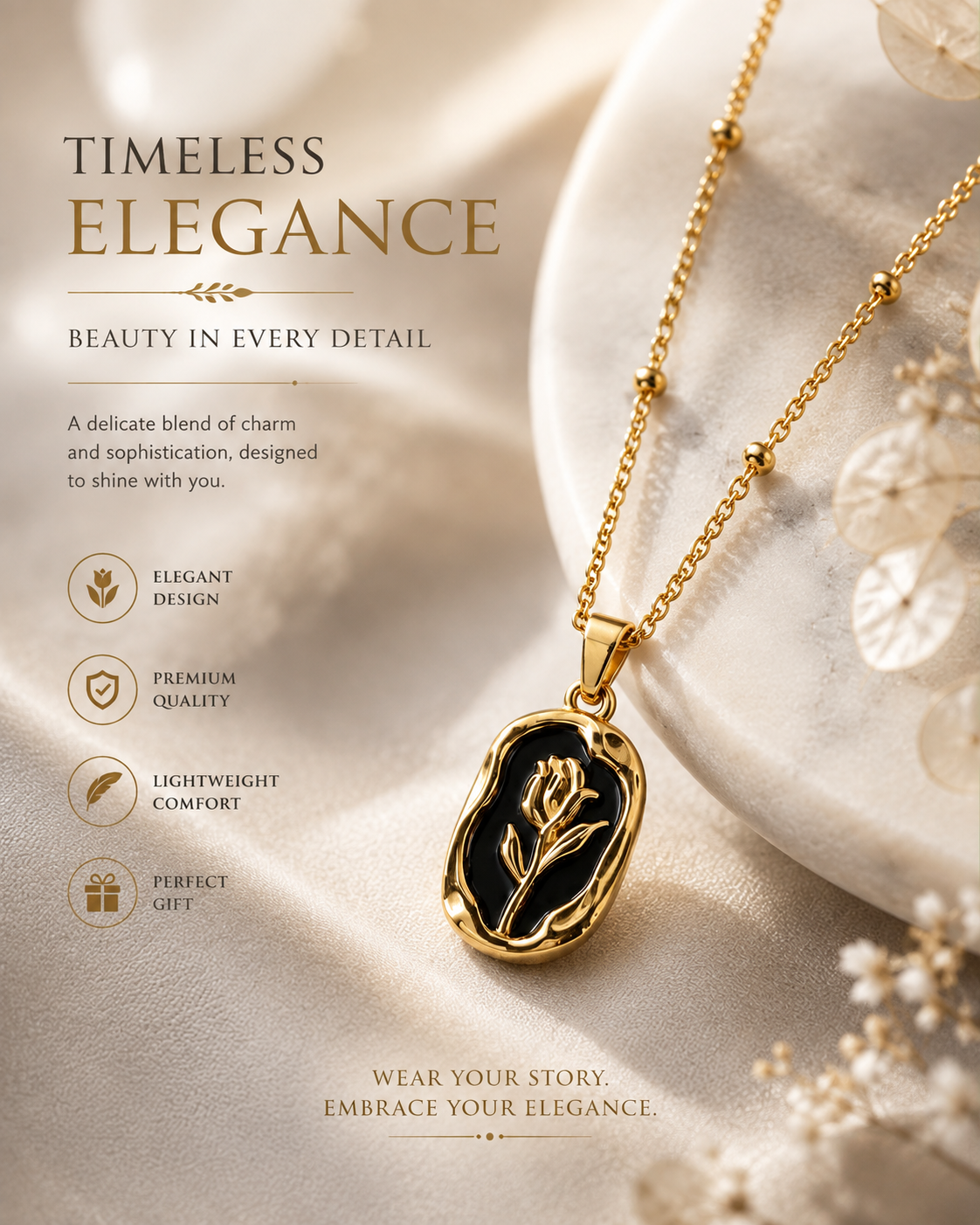 Golden Rose Black Pendant Necklace | Elegant Floral Design