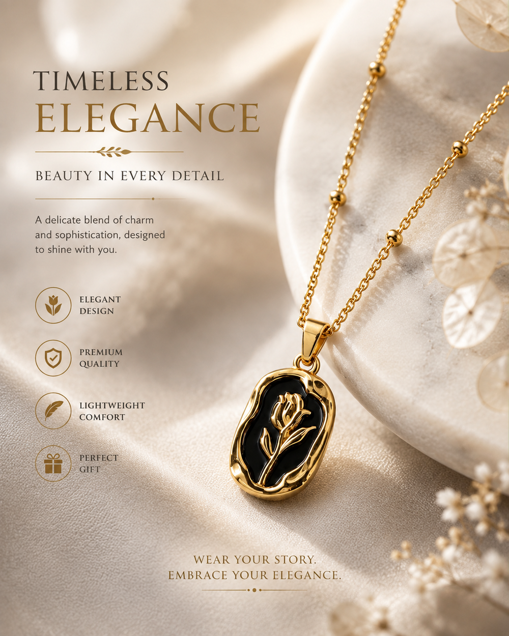 Golden Rose Black Pendant Necklace | Elegant Floral Design