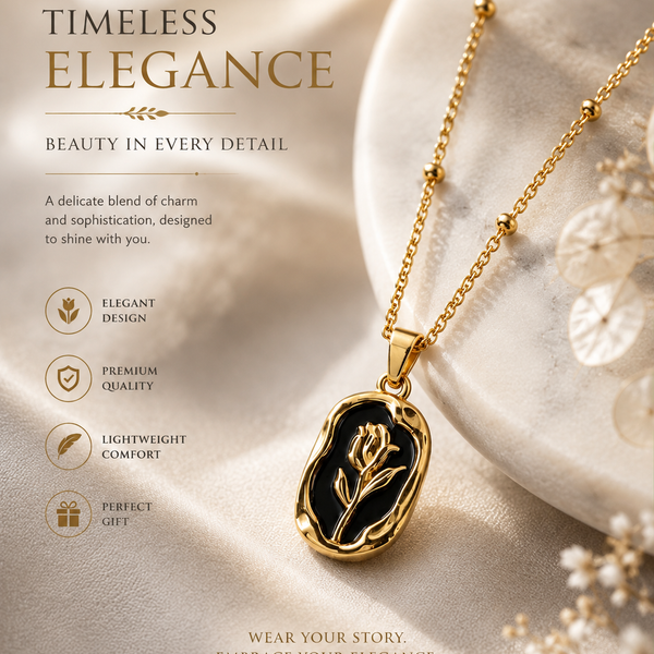 Golden Rose Black Pendant Necklace | Elegant Floral Design