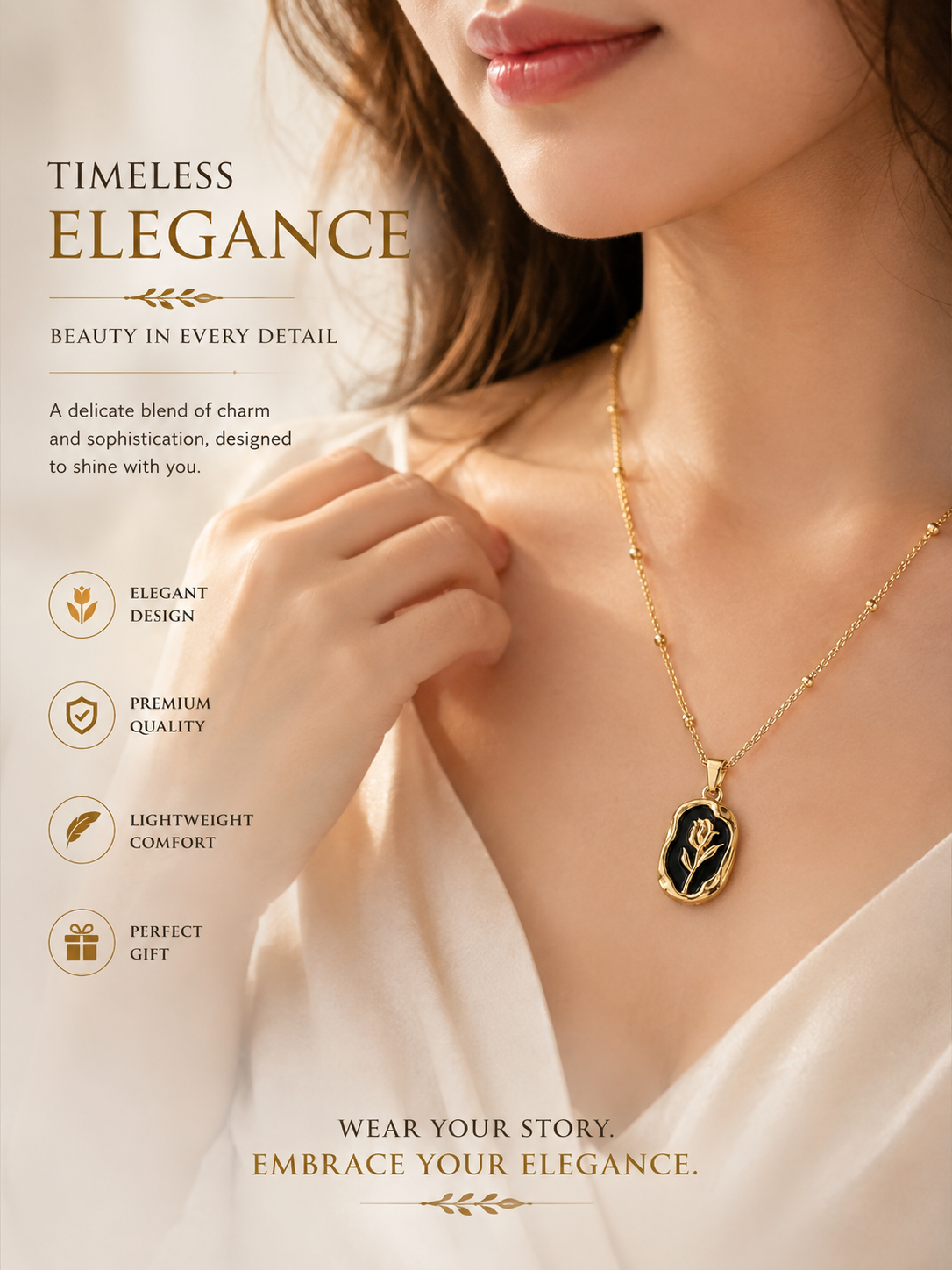 Golden Rose Black Pendant Necklace | Elegant Floral Design