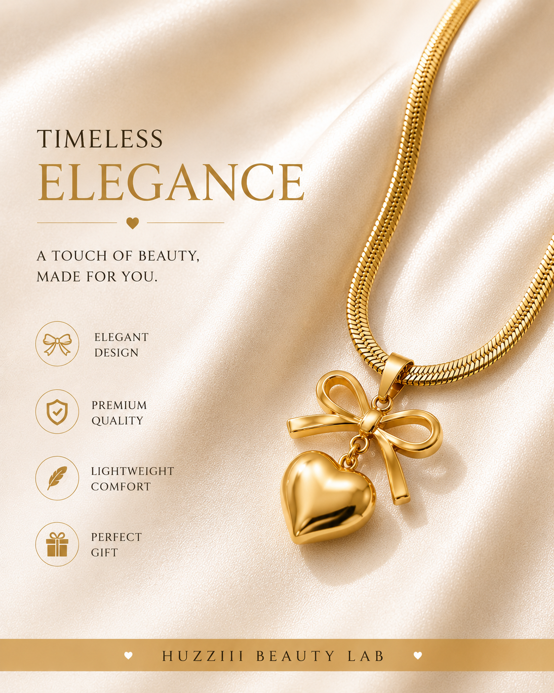 Golden Bow & Heart Necklace | Elegant Statement Pendant