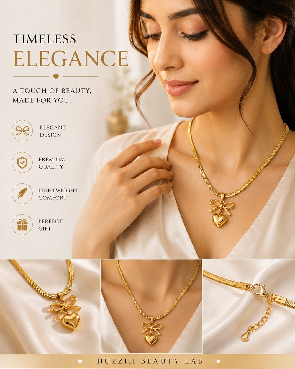 Golden Bow & Heart Necklace | Elegant Statement Pendant