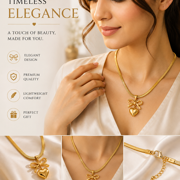 Golden Bow & Heart Necklace | Elegant Statement Pendant