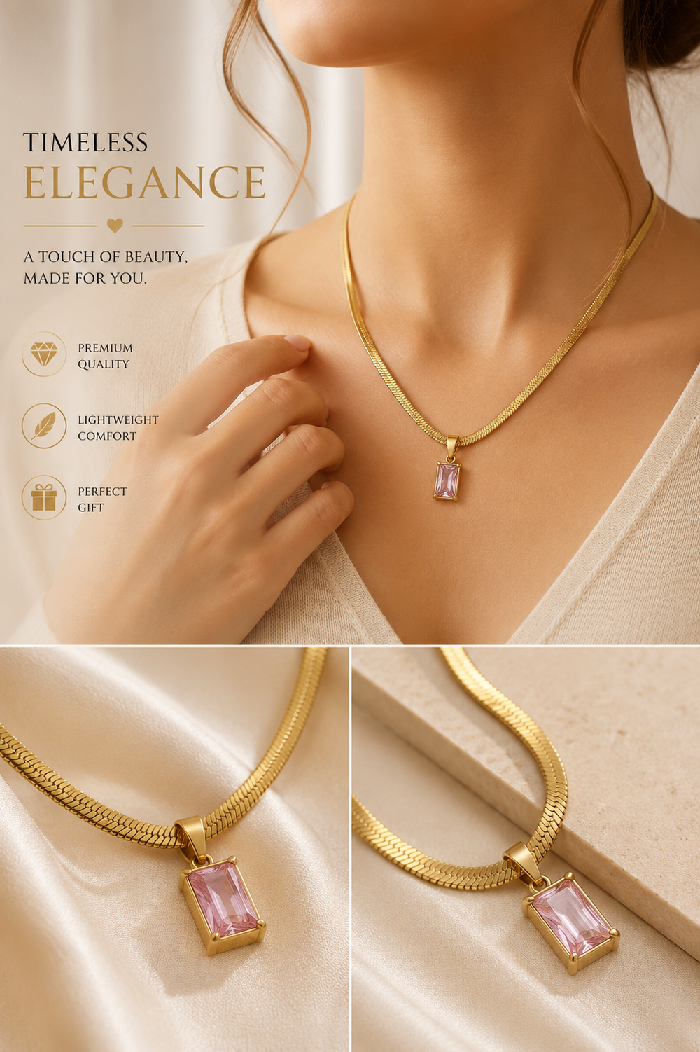 Luxury Gold Herringbone Necklace with Gemstone Pendant| Elegant Statement Jewelry