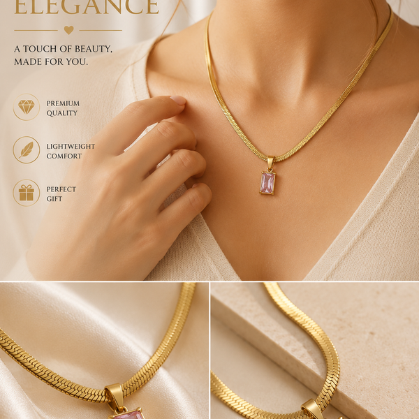 Luxury Gold Herringbone Necklace with Gemstone Pendant| Elegant Statement Jewelry