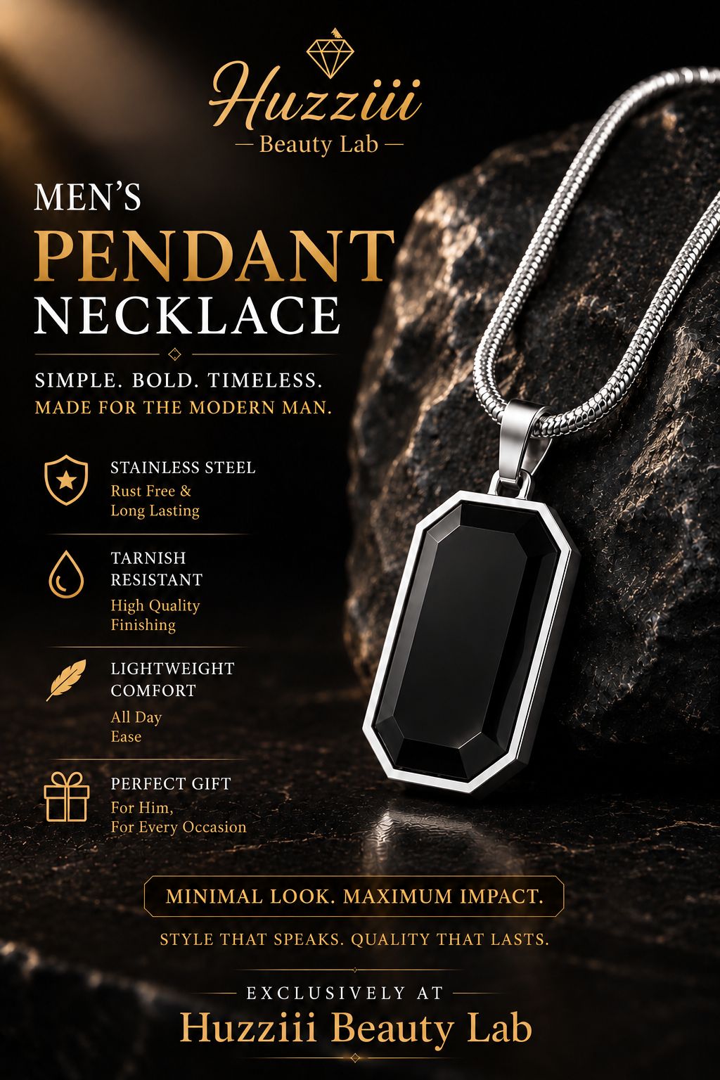 Men’s Premium Pendant Necklace – Black & White Pendant with Gold & Silver Chain