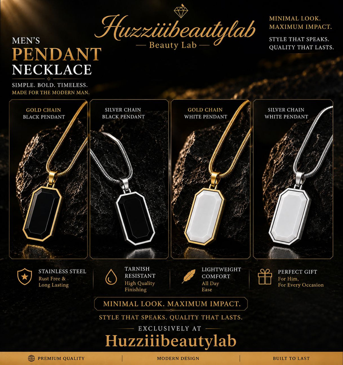 Men’s Premium Pendant Necklace – Black & White Pendant with Gold & Silver Chain